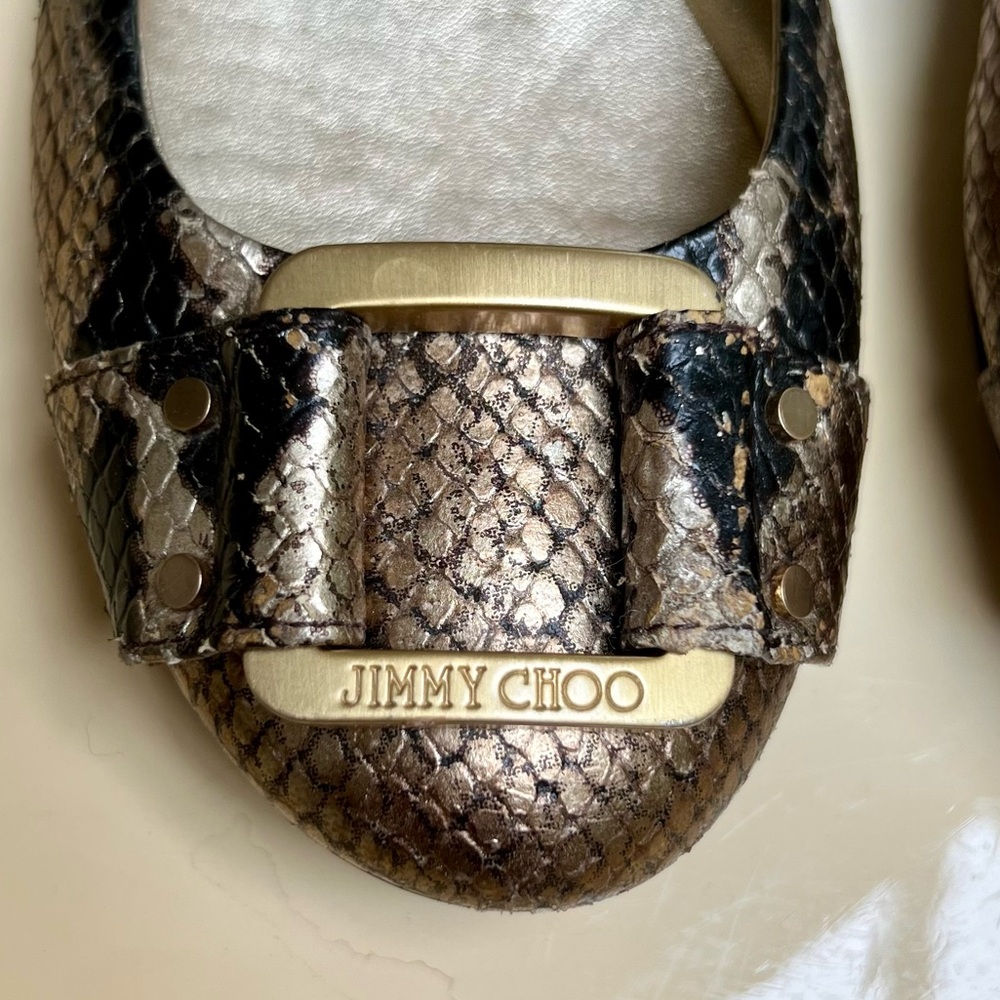 JIMMY CHOO Morse metallic snakeskin leather ballet flats